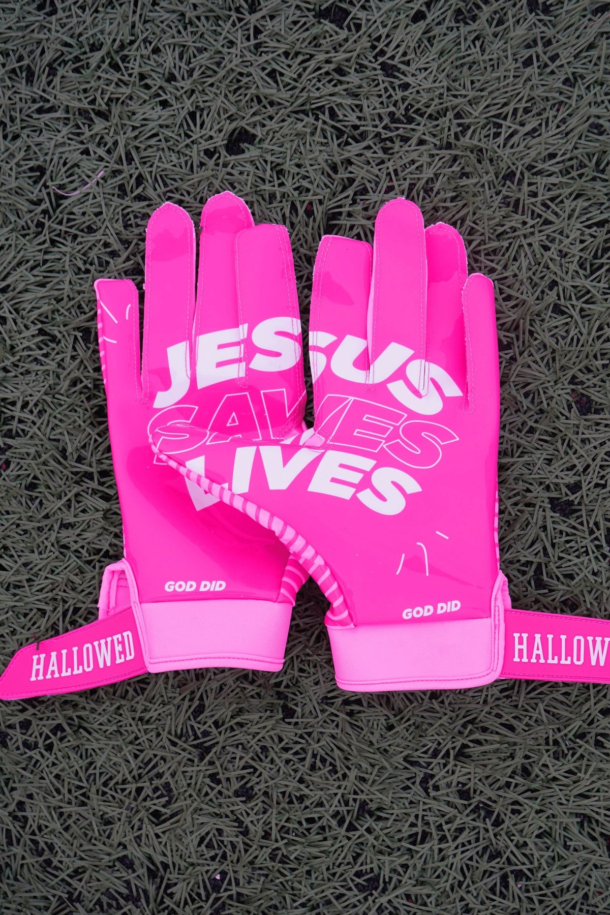 Pink “Jesus Saves Lives” Football Gloves - Hallowed Collection