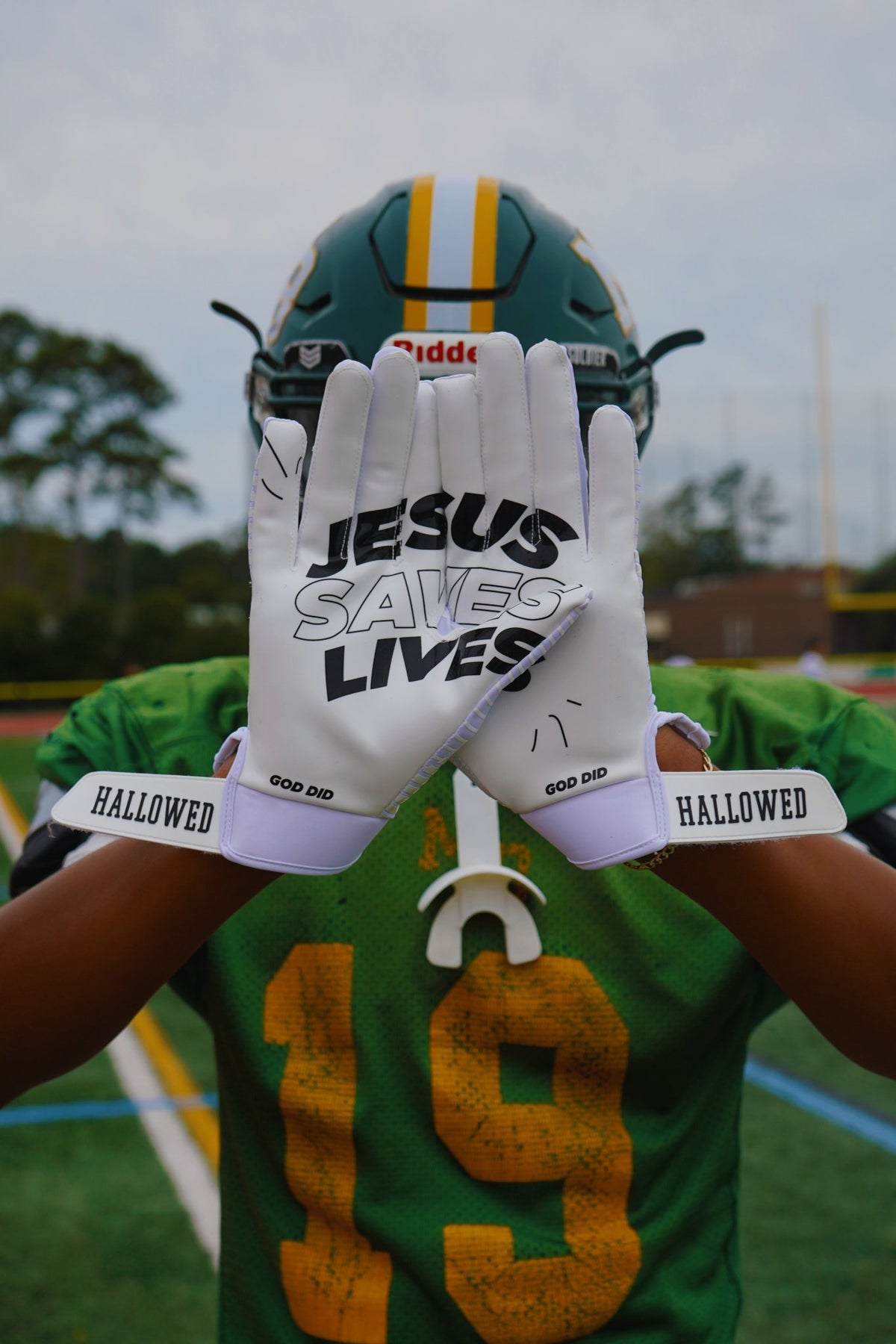 White “Jesus Saves Lives” Football Gloves - Hallowed Collection