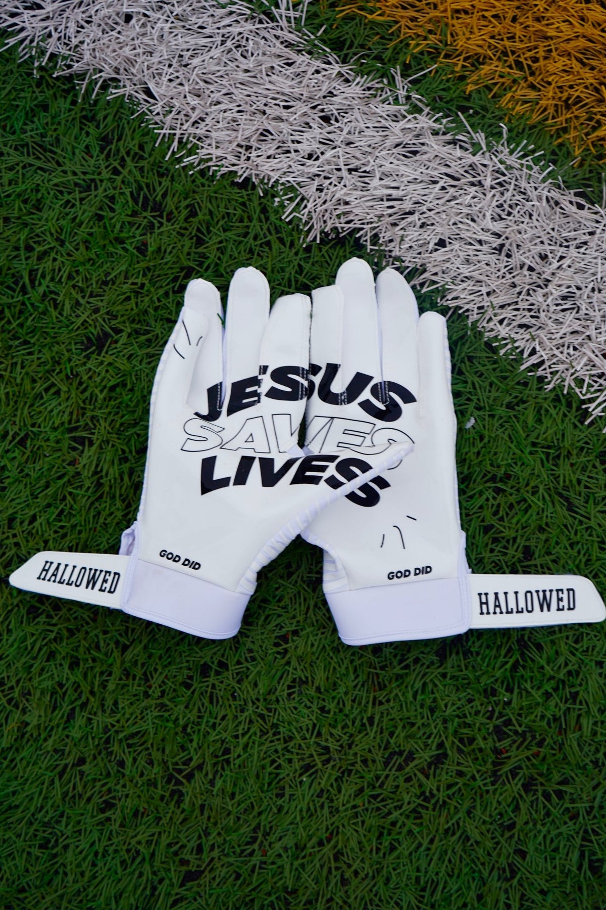 White “Jesus Saves Lives” Football Gloves - Hallowed Collection